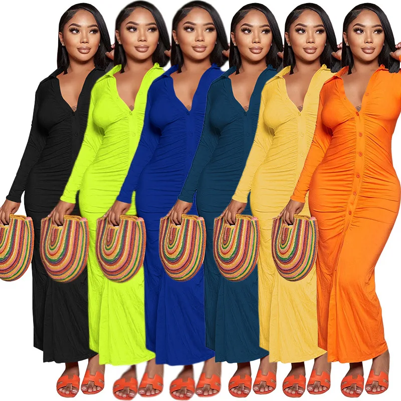 

New Fashion Elegant Casual Women's Dresses 2022 Autumn Winter Casual Folds Solid Long Dresses Button Up Long Sleeves Sexy Dress