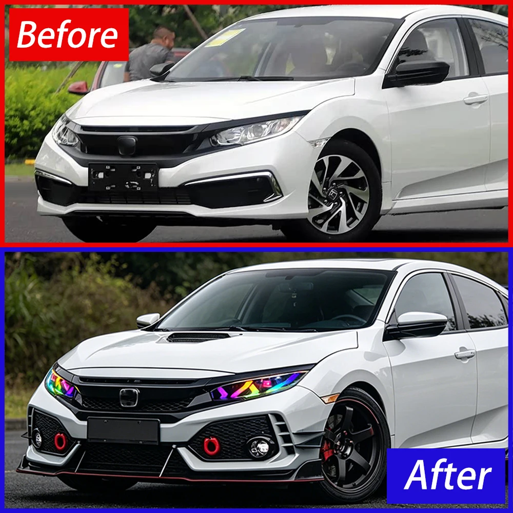 Фото Для Honda Civic X 10-го поколения FC 2016-2021: Обновленные фары с анимацией запуска, светодиодами RGB и линзами-проекторами. Автоаксессуары. №2