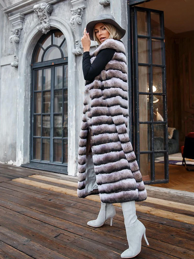 Stripe Contrast Color Natural Rex Rabbit Fur Coat Women Winter Fashion Luxury Long Vest Outertwear Fur Straight Tank Top Female enlarge