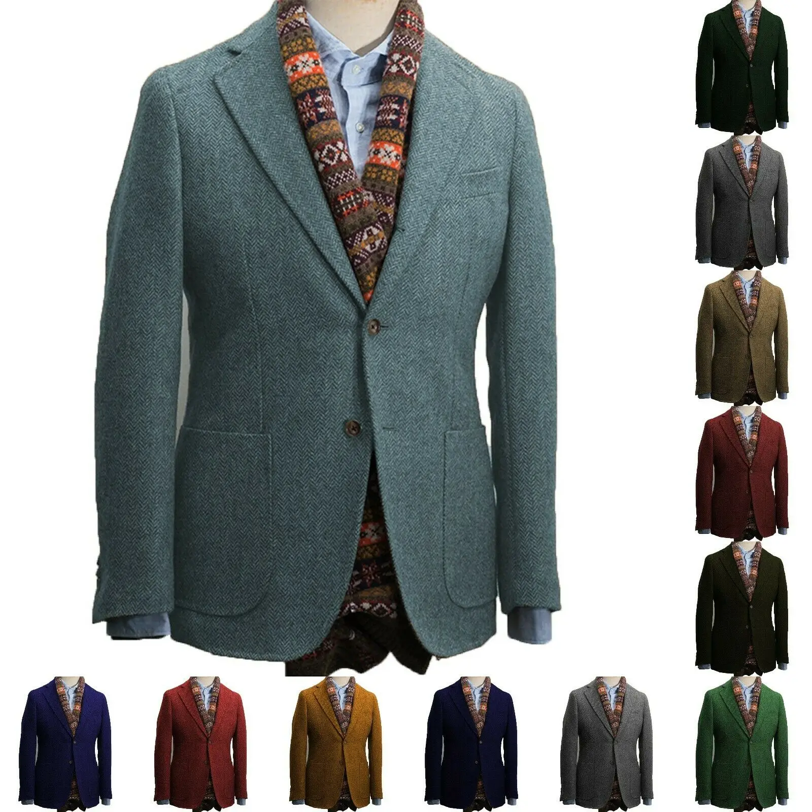 2022 Autumn Winter Mens Vintage Suits Blazer Herringbone Tweed Wool Blend Jacket Retro Tuxedos Wedding