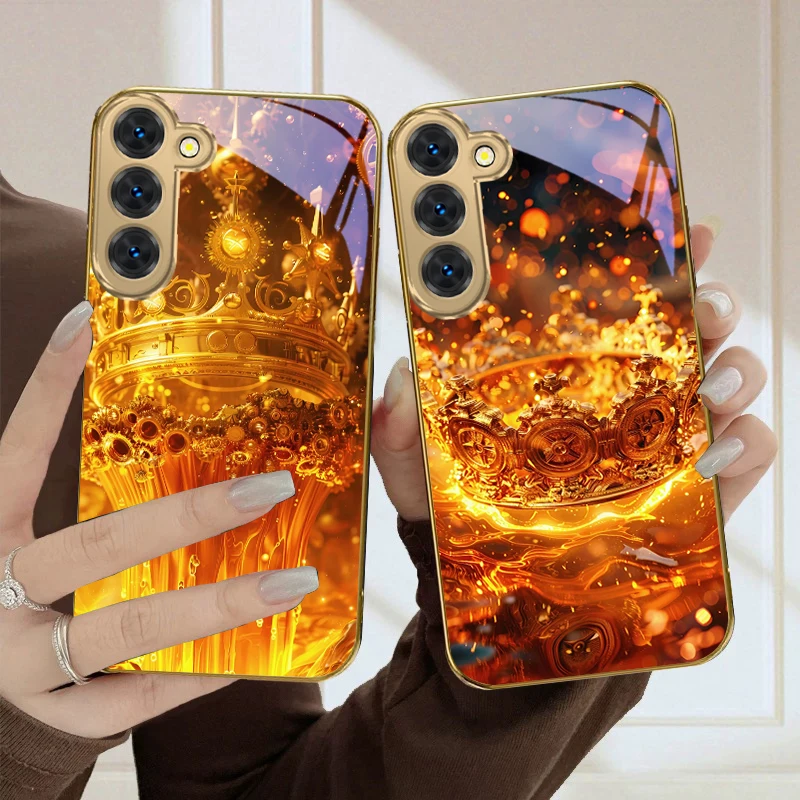 Ослепительно яркий чехол-корона для Samsung Galaxy S26 S20 FE 21 22 Ultra 23 Plus 24 Ultra 25Ultra S21+ 22Plus, золотой стеклянный чехол для телефона (art.: 3920d8a488da5) - 3920d8a488da5