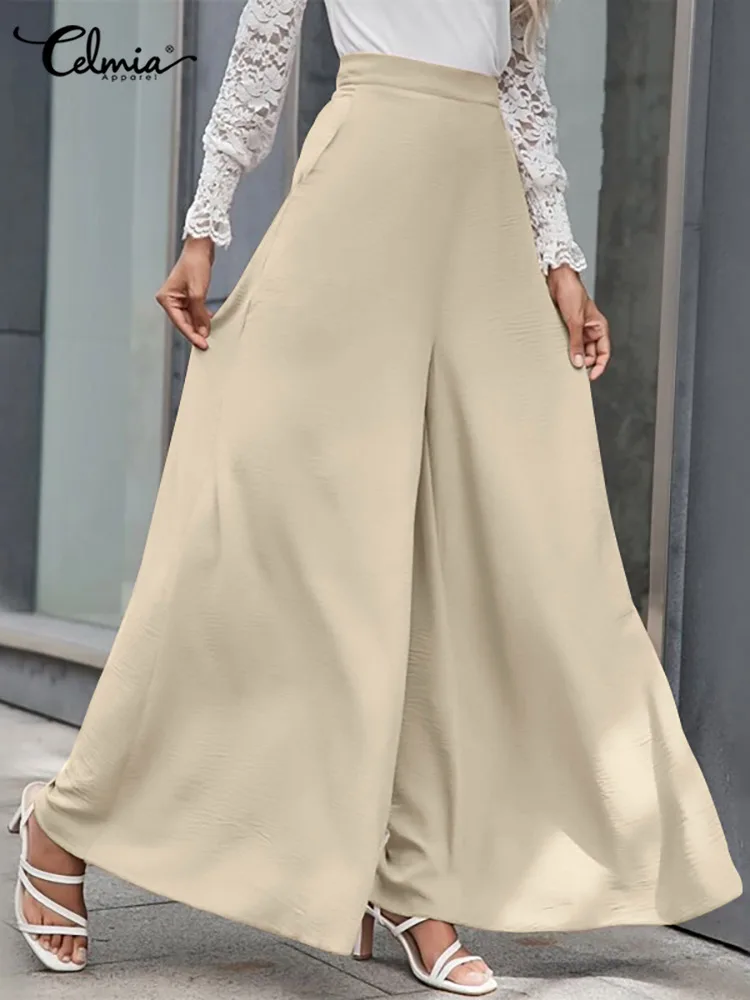 

Celmia Wrinkle Solid Color Long Trousers Elegant Loose Zipper Summer Pantalon Women Streetwear Fashion High Waist Wide Leg Pants