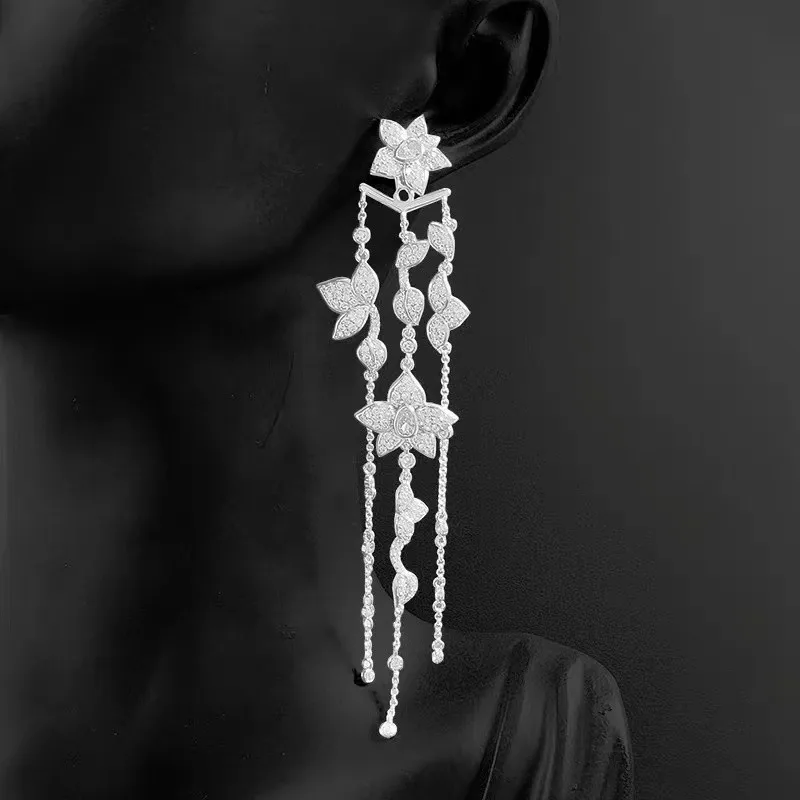 Роскошные цветочные серьги с длинными кистями для женщин на свадьбу с кубическим цирконием CZ Бриллиантовые элегантные хрустальные серьги Zk35.