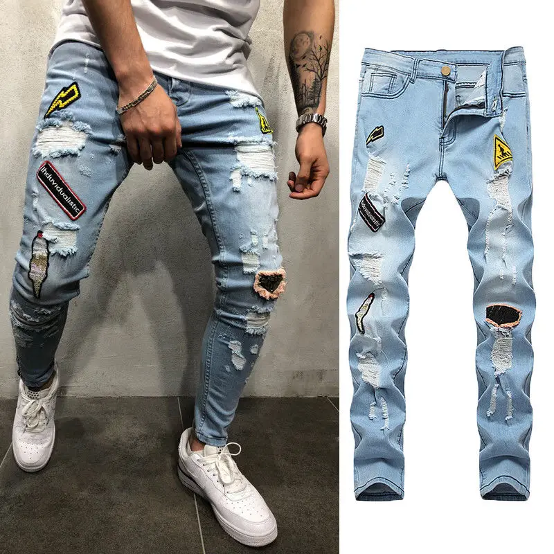 

Brand Men Jeans Ripped Stretchy Masculina Blue Pants Low Waist Pencil Pants Fashion Casual Streetwear Hip Hop Slim Fit Jeans