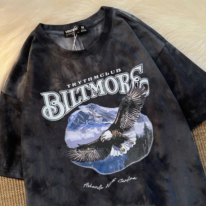 

2022 Ins Streetwear Brand Eagle Letter Print T Shirts Dark Gray Tie Dye Graphic Tees Oversized Couples Y2K Tops Summer Harajuku