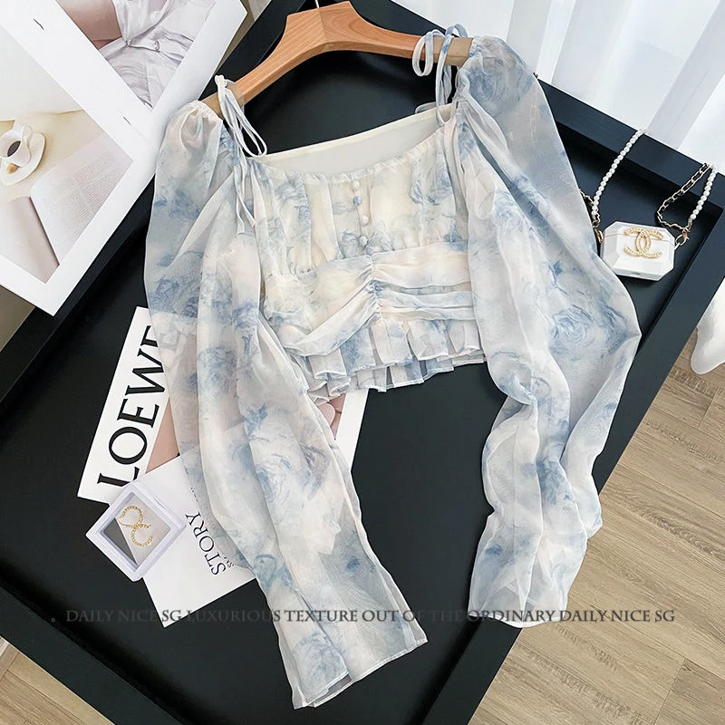 

Versatile Square Collar Long Sleeve Blouses Women 2023 New Vintage Printing Slim Fit Lace-Up Ruffles Short Shirts Female