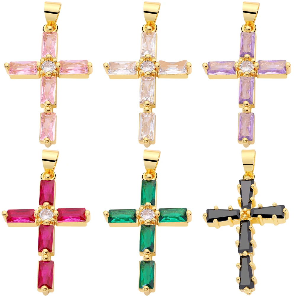 

Juya DIY Cubic Zirconia 18K Real Gold Plated Christian Cross Charms For Handmade Catholic Pendant Religious Jewelry Making