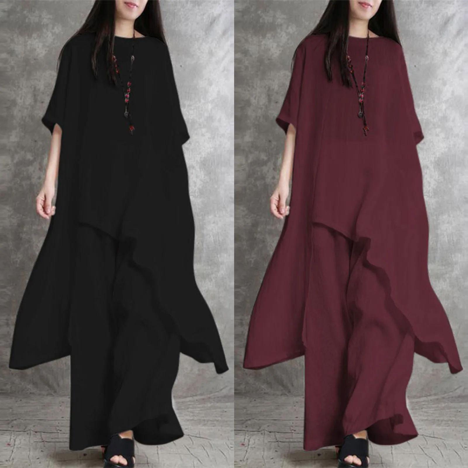 

Women Matching Sets 2023 Summer Outifits Half Sleeve Irregular Blouse Wide Leg Pants Oversized Solid Tracksuits Vintage Sets