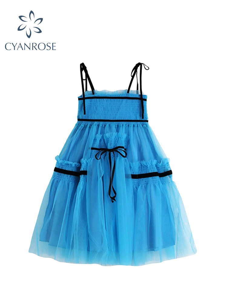 

Women Chic Blue Fluffy Dress Fashion Casual Suspenders Sexy Party Lace Design Dress Kawaii High Waist Fairy Mini Dress 2022 New