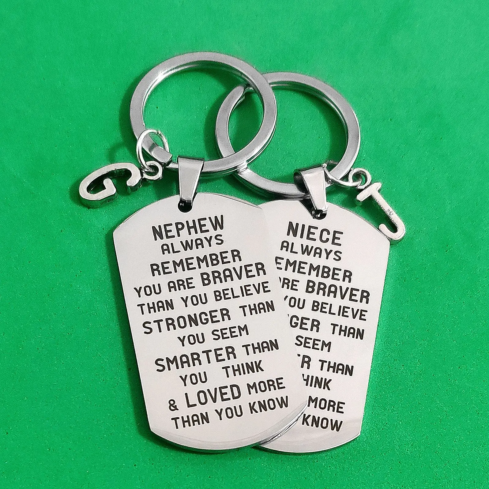 

Gifts Keychain for Car Keys Lettering Creative Ornaments Military Tags Keyring Stainless Steel Nephew Niece 26 Letters Birthday