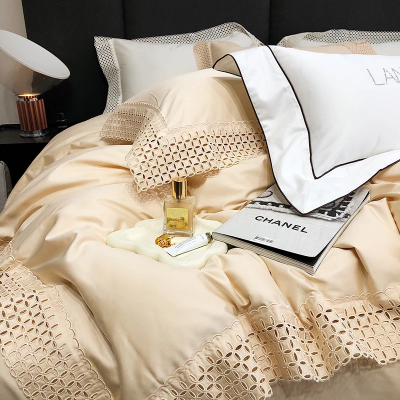 

Champagne Luxury Hollow Lace Edge 100S Egyptian Cotton Soft Bedding Set Duvet Cover Set Bed Sheet Pillowcases (Queen King Size)