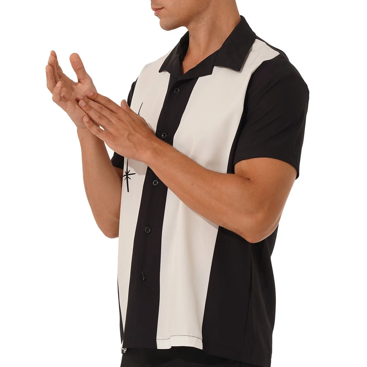 Mens Casual Bowling Shirt Fashion Loose Color Block Button Down Short Sleeves Turn-Down Collar Cuban Style Fifties Camp Shirt