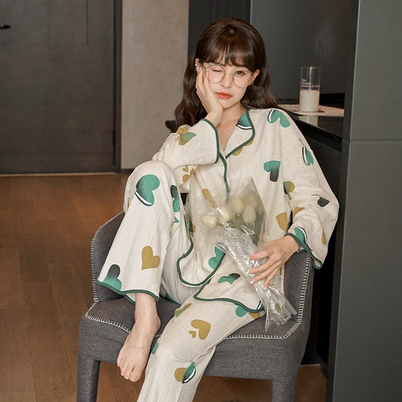 CAIYIER New Winter Women Jacquard Pattern Nightwear Korean Kawaii Love Sleepwear Long Sleeve Pijama Mujur Sexy Feamle Homewear