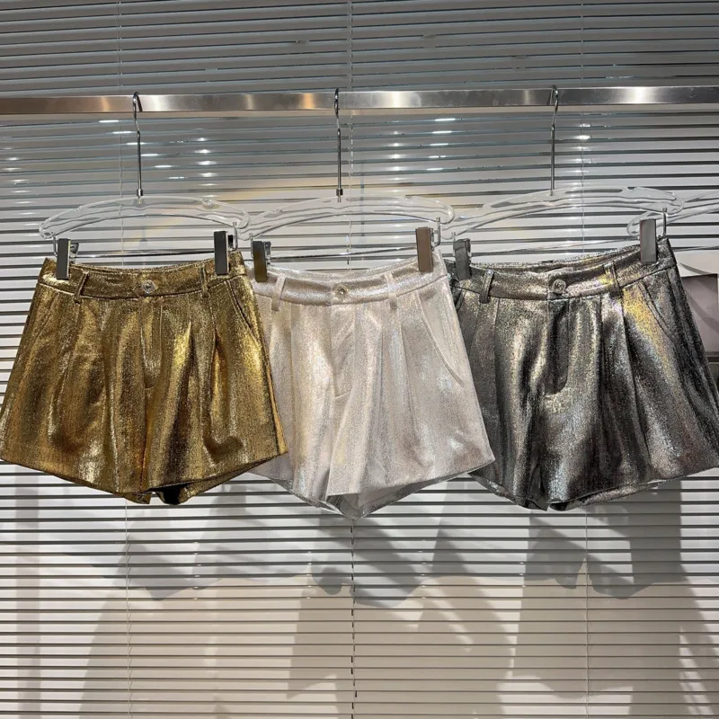 

BORVEMAYS 2023 Autumn New Slim Shorts High Waist Solid Color Liquid Metal Gloss Design Temperament Sexy Pants WZ3663
