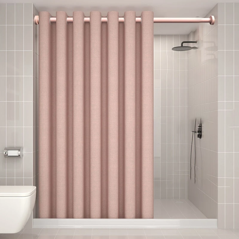 

K.Water Pink Hookless Luxury Shower Curtain Linen Waterproof Fabric ModernThickened Solid Color Bath Curtains for Bathroom Set