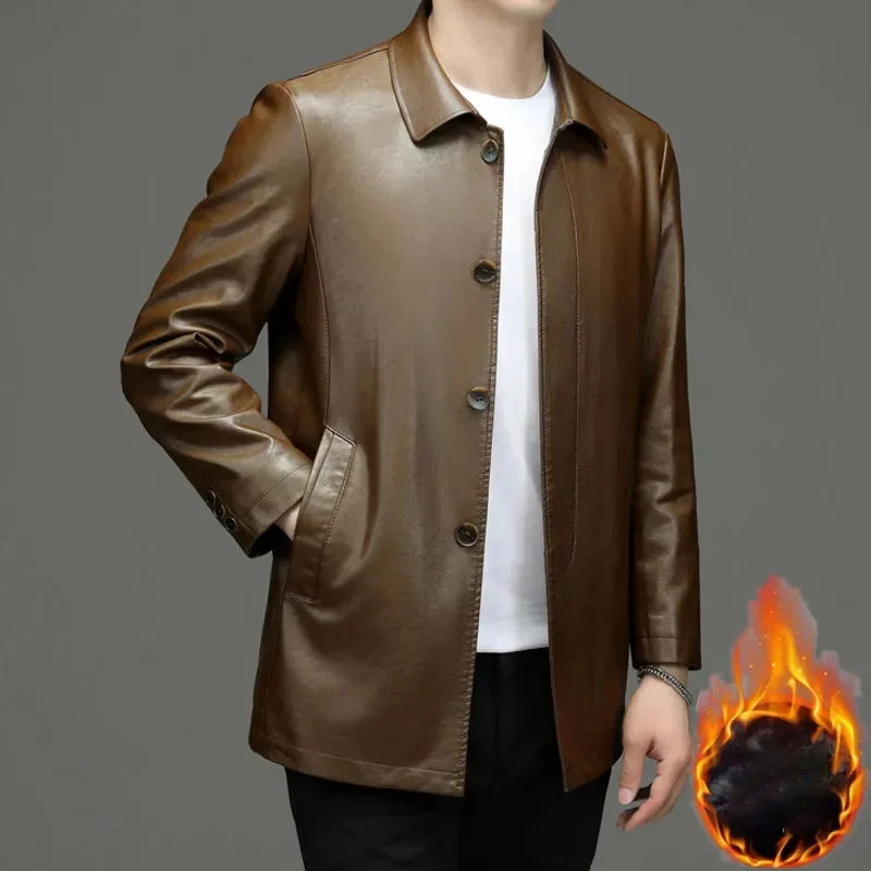 Тонкие кожаные куртки из овчины мужские однобортные пальто высокого класса