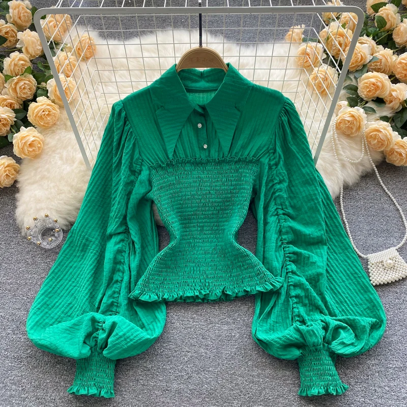 

Pleated Retro Lantern Sleeves Waist Closing Design Sense Pointed Collar Short Slim Shirt Women's Foreign Style Versatile Top