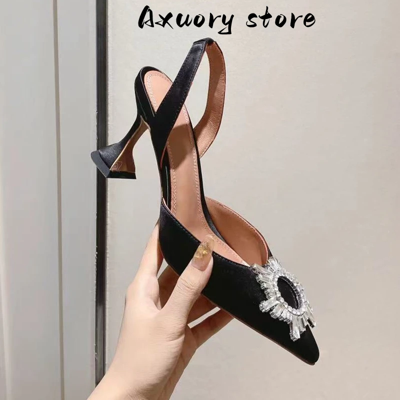 2023 New Women Sandals Summer High Heels Satin Luxury Rhinestone Sun Decoration Banquet Party Wedding Shoes