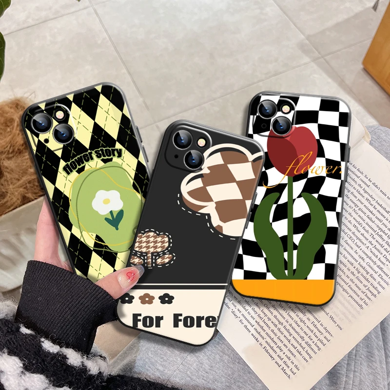 

Checkerboard flowers Phone Case iPhone 13 12 11 Pro Max 13 12 Mini X XR XS 5 6S 7 8 Plus SE 2020 Liquid Silicon Cell phone Cover