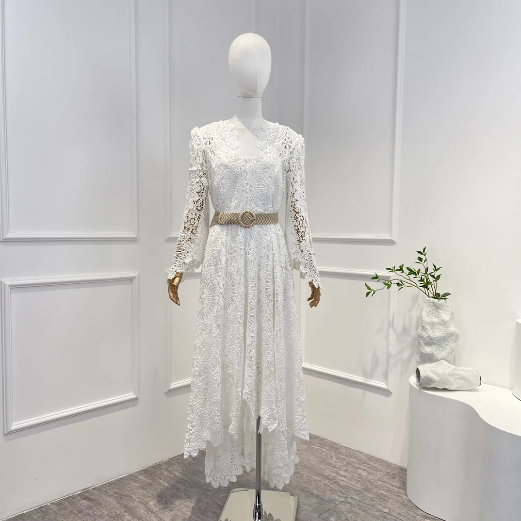 

2023 White New Sping Summer Top Quality Vintage See-through Hook Flower Hollow Belt Irregular Lace Woman Luxury Midi Dress