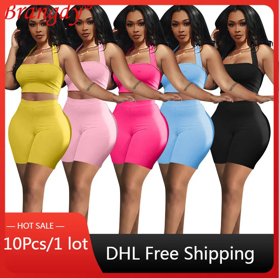 

10sets Wholesale Items Shorts 2 Piece Set Outfits Sexy Tight Threaded Sleeveless Vest Women Tracksuit Fashion Sport Suits B11195