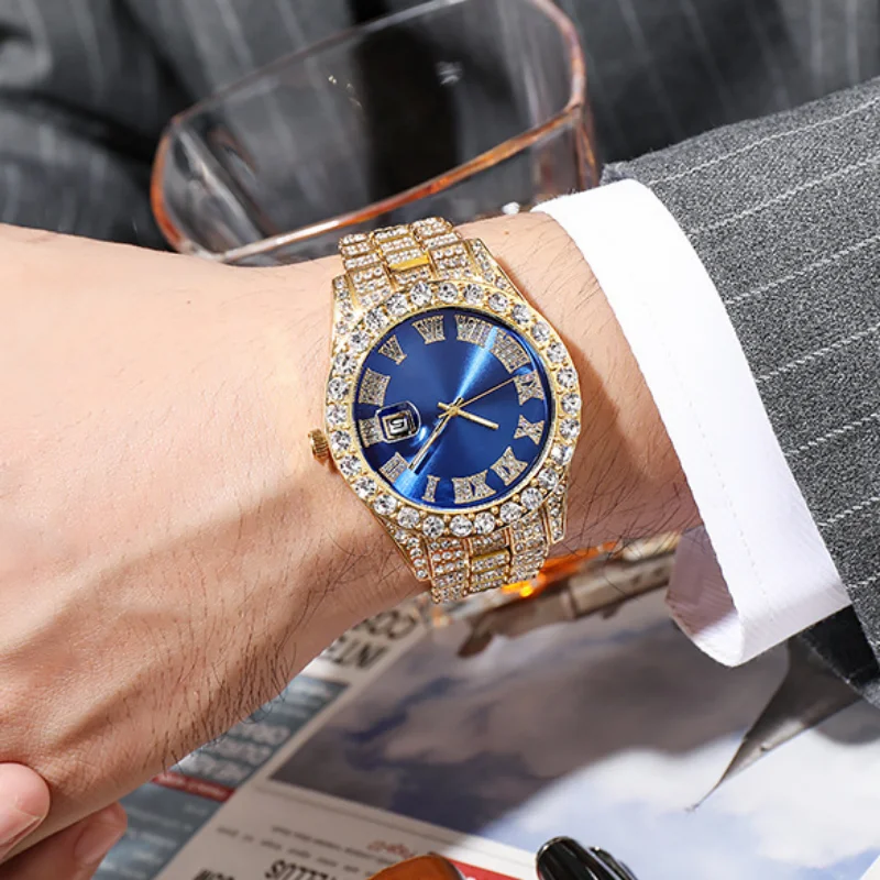 The New Red and Green Water Ghost Big Rhinestone Inlay Men's Watch Roman Scale Calendar Watches Quartz Watches Full of Diamonds