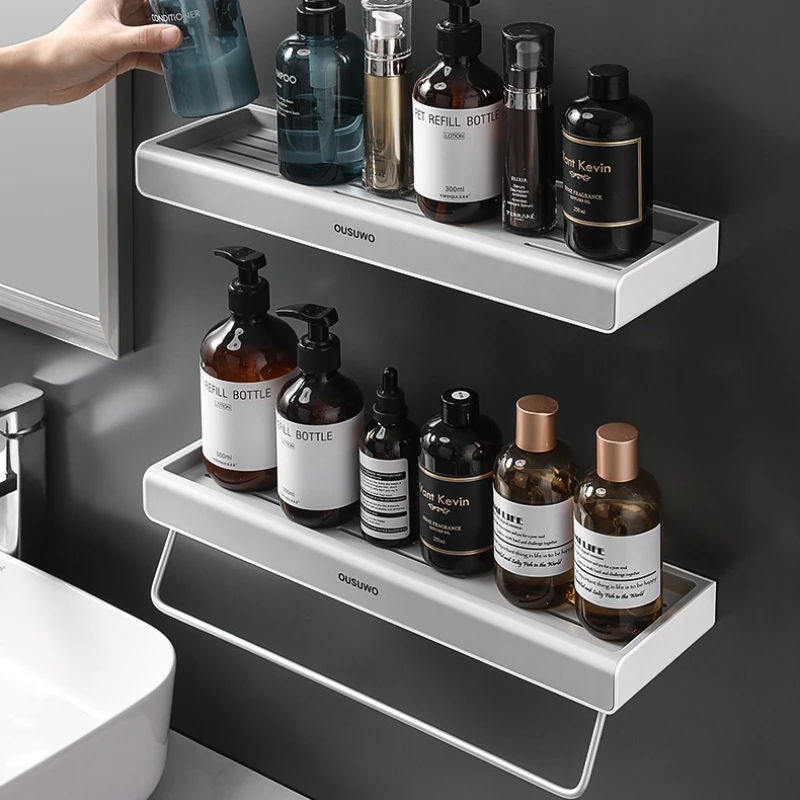 

Wall Mounted Bathroom Shelf No Drill Shower Storage Rack Shampoo Holder Towel Holder With Towel Bar Organizer Accessories