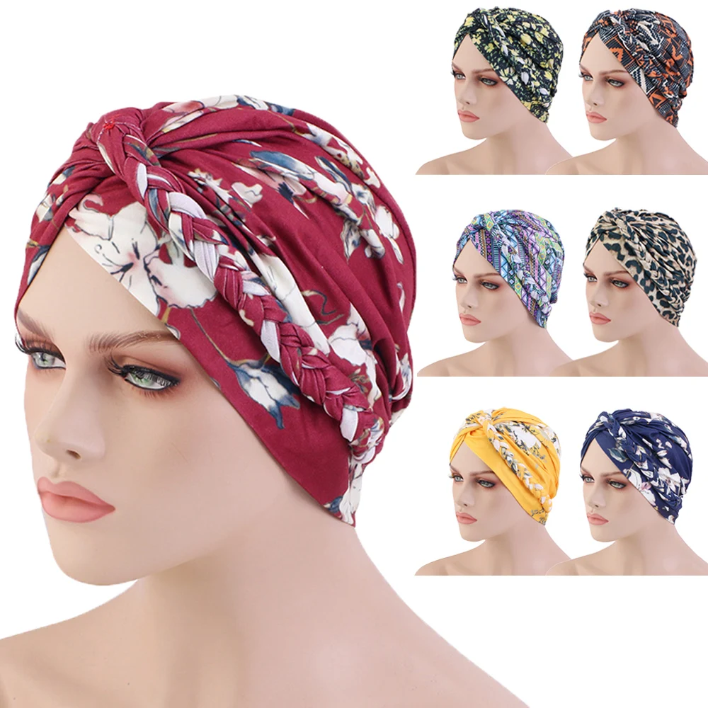 

Indian Muslim Women Printed Chemo Cap Braid Turban Headwear Hijab Beanie Bonnet Hat Hair Loss Boho Ethnic Headscarf Wrap Cover