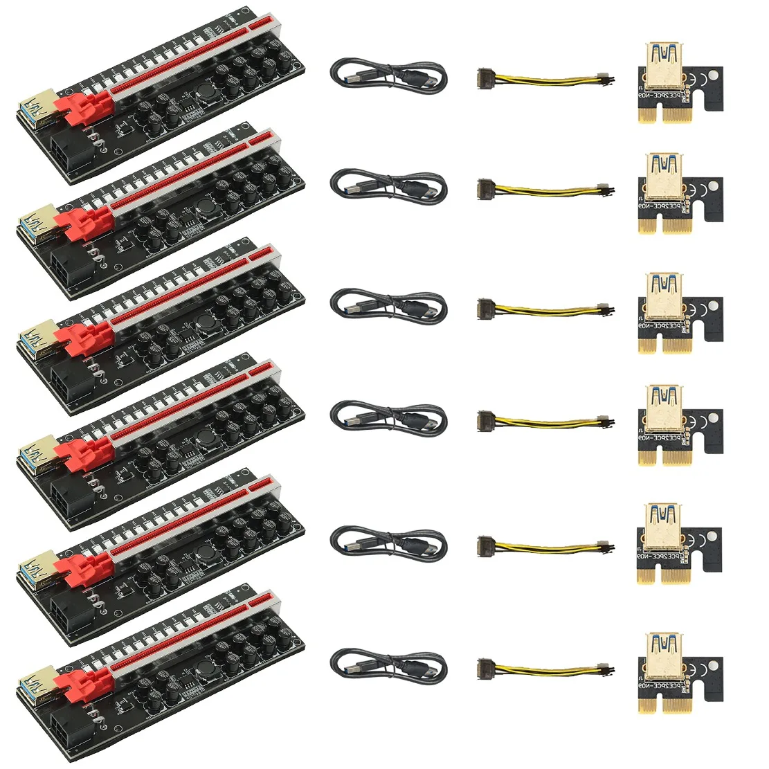 

6 шт., Райзер-карта VER018S PCI-E 1X до 16X USB3.0 6PIN GPU с 12 конденсаторами светодиодный светодиодными индикаторами для майнинга BTC
