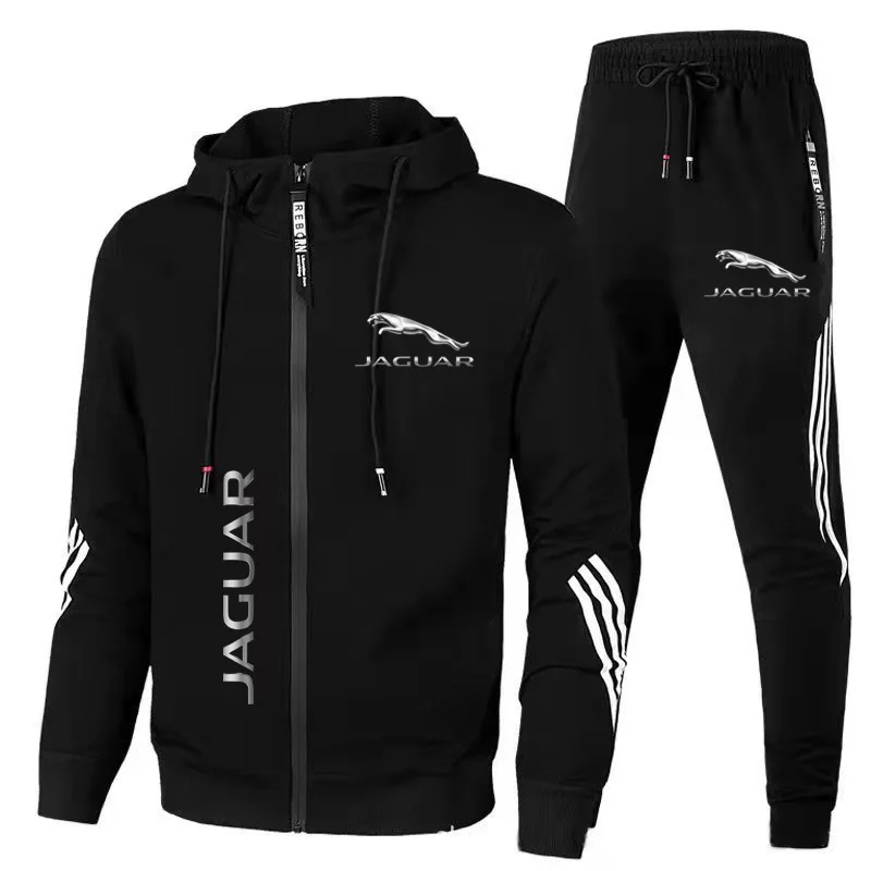 Jaguar 2023 New Men's Sportswear Jaguar Logo Printed Hooded Sweatshirt+Pants Casual Fit Running Fitness Men's Sportswear
