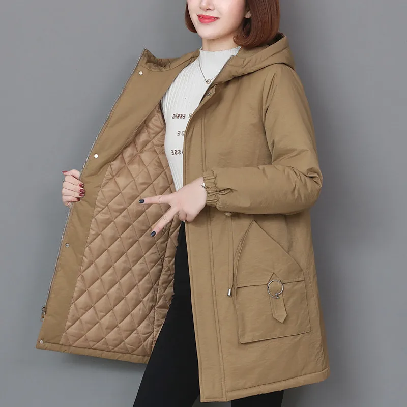 Women's Cotton Padded Clothes Medium and Long Keep Warm Winter Clothes Korean Loose Plus Cotton Thick Coat Hooded Pocket Jacket