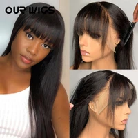 straight lace wigs with bangs for women natural black glueless synthetic lace wig pre plucked heat resistant fiber hair lace wig