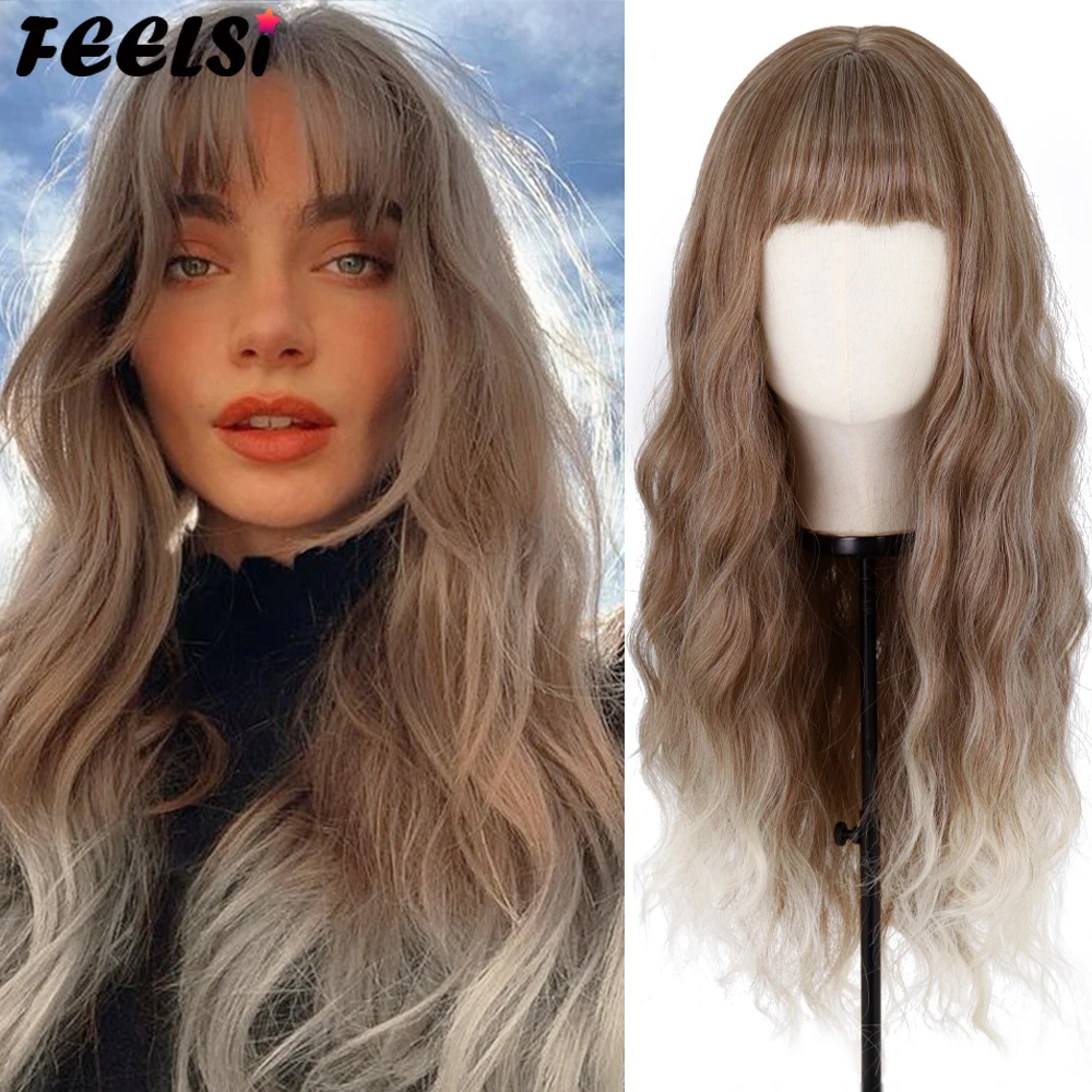 

Ombre Brown Light Blonde Platinum Long Wavy Wig Have Bangs Wave Heat Synthetic Fiber Heat Resistance For Women Daily Wear