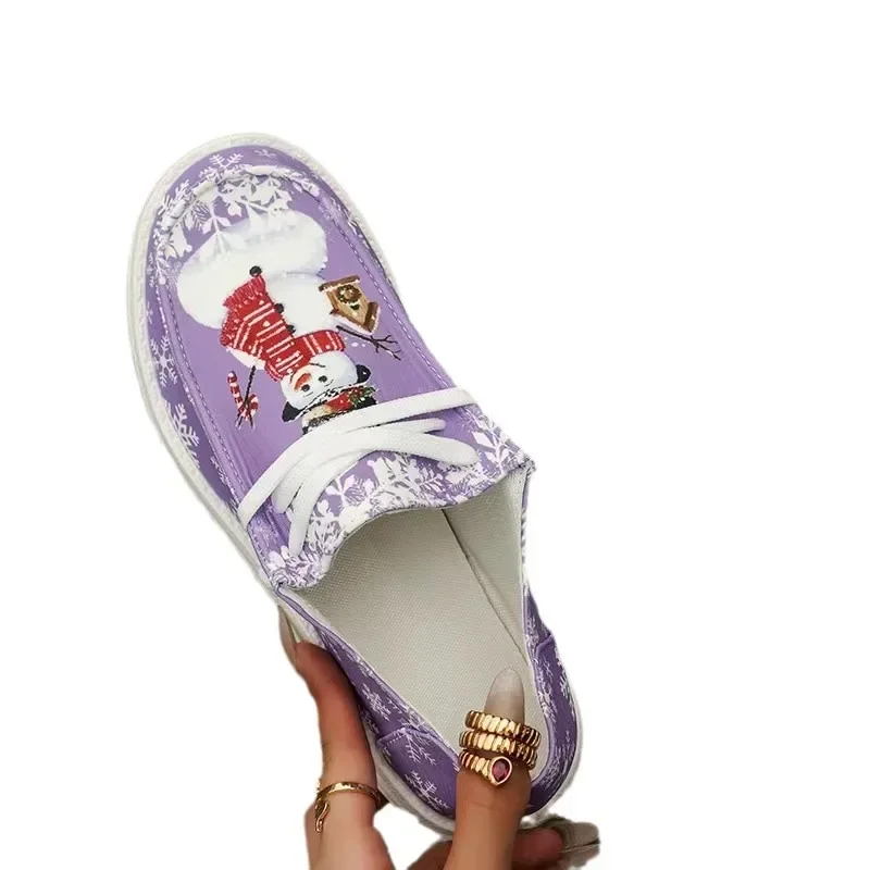 Mocasines transpirables con cordones Para mujer Zapatos planos de lona estampado navideño talla grande
