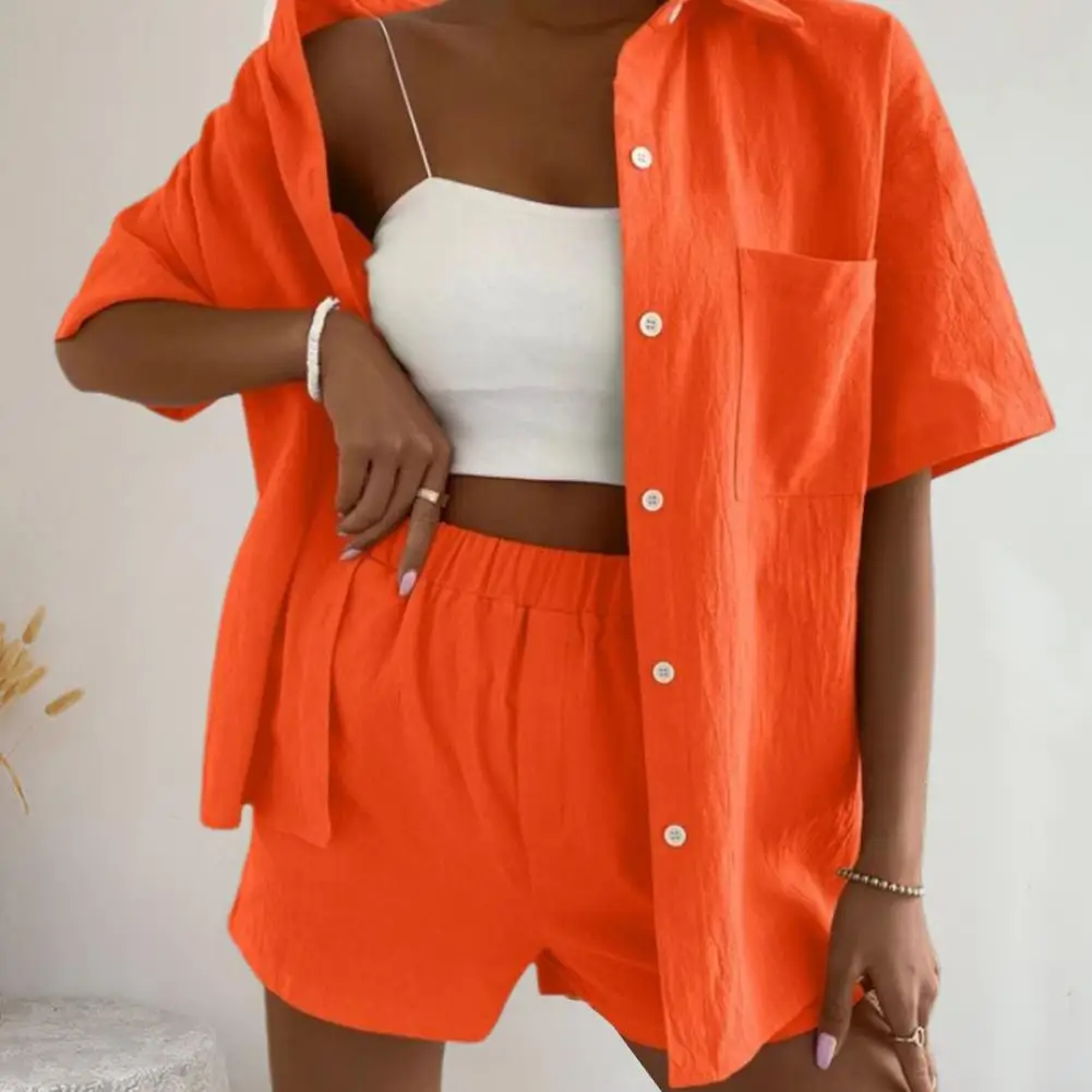 

Summer Casual Ladies 2 Piece Tracksuit Fashion Short Sleeve Lapel Cardigan Tops + Elastic Waist Shorts Set Pure Loose Women Suit