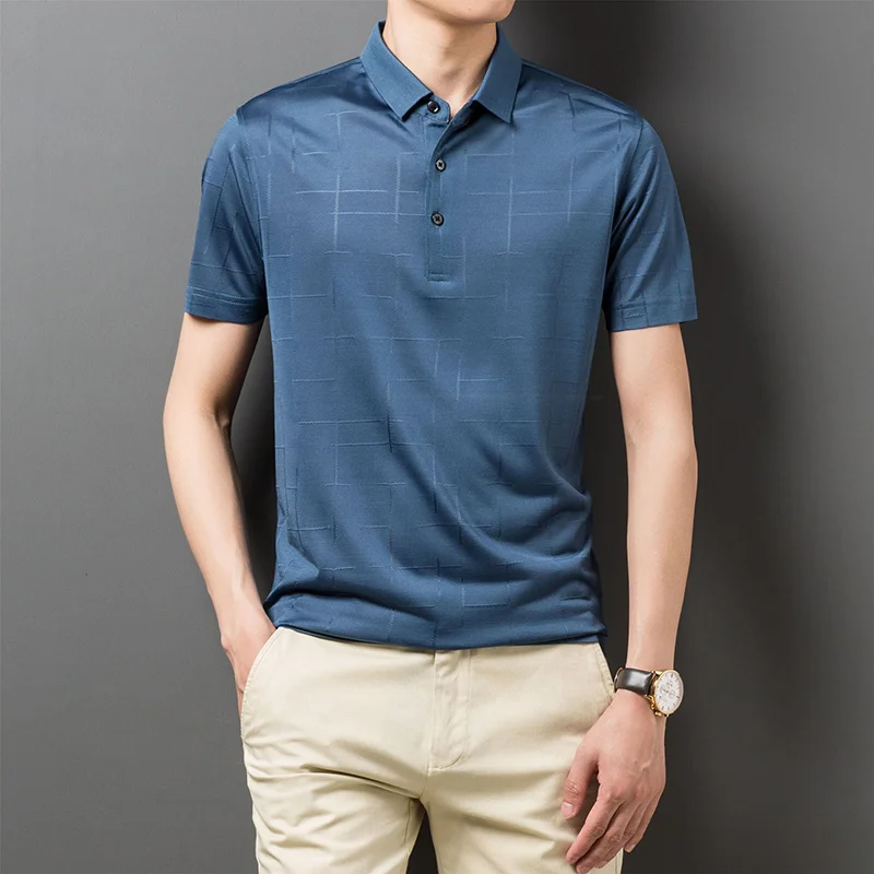 

2023 Summer New Acetate Mulberry Silk Polo Shirt Thin Short Sleeve Silky Non-Ironing Loose Lapels T-shirt for Men