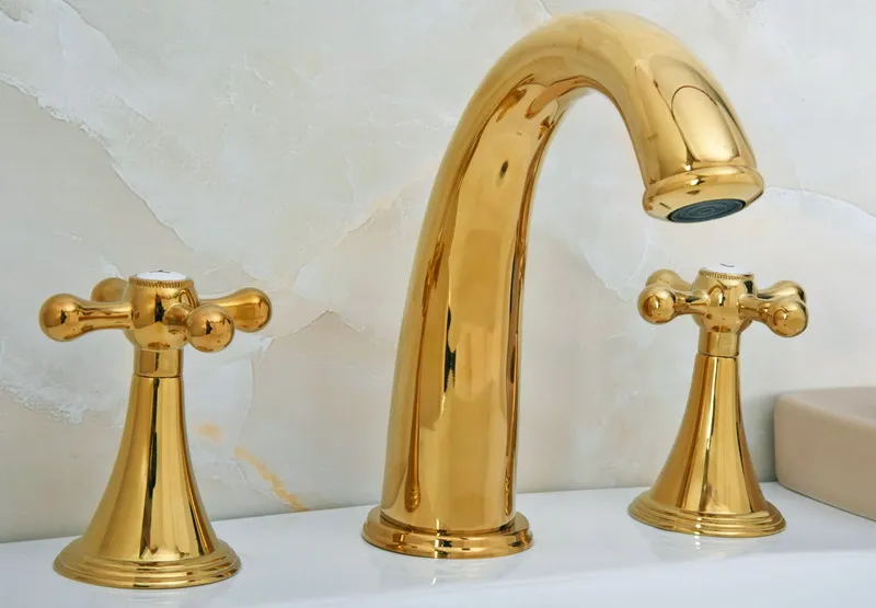 

Golden Brass Two Cross Knob Widespread Basin Faucet Bathroom Sink Hot And Cold Water Tap Deck Mounted Three Hole Dgf021