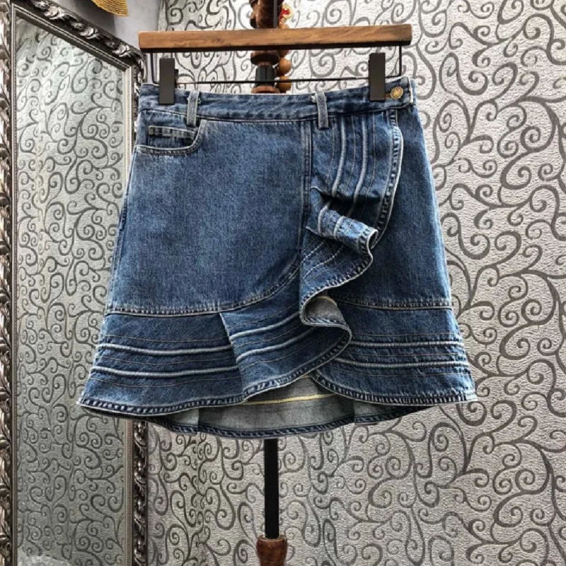 High Quality Denim Skirts 2022 Summer Fashion Mini Skirts Ladies Ruffle Deco Sexy Bodycon Hip Blue Cotton Jeans Skirts Club