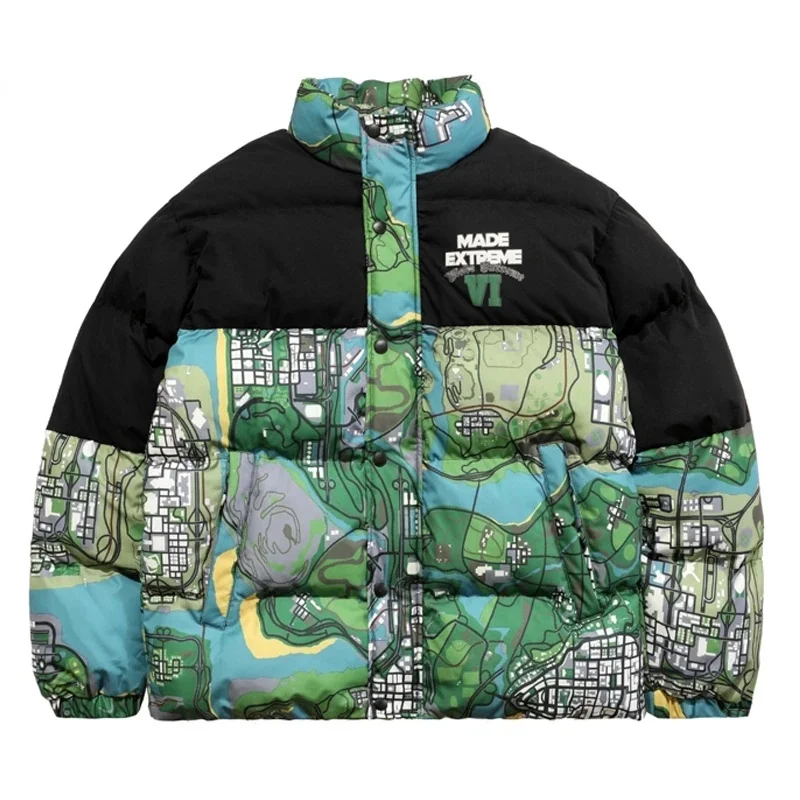 Down Parkas Men Hip Hop Streetwear Map Letter Printed Patchwork Jacket Mens Winter Harajuku Oversized Thick Coats Outwear Unisex