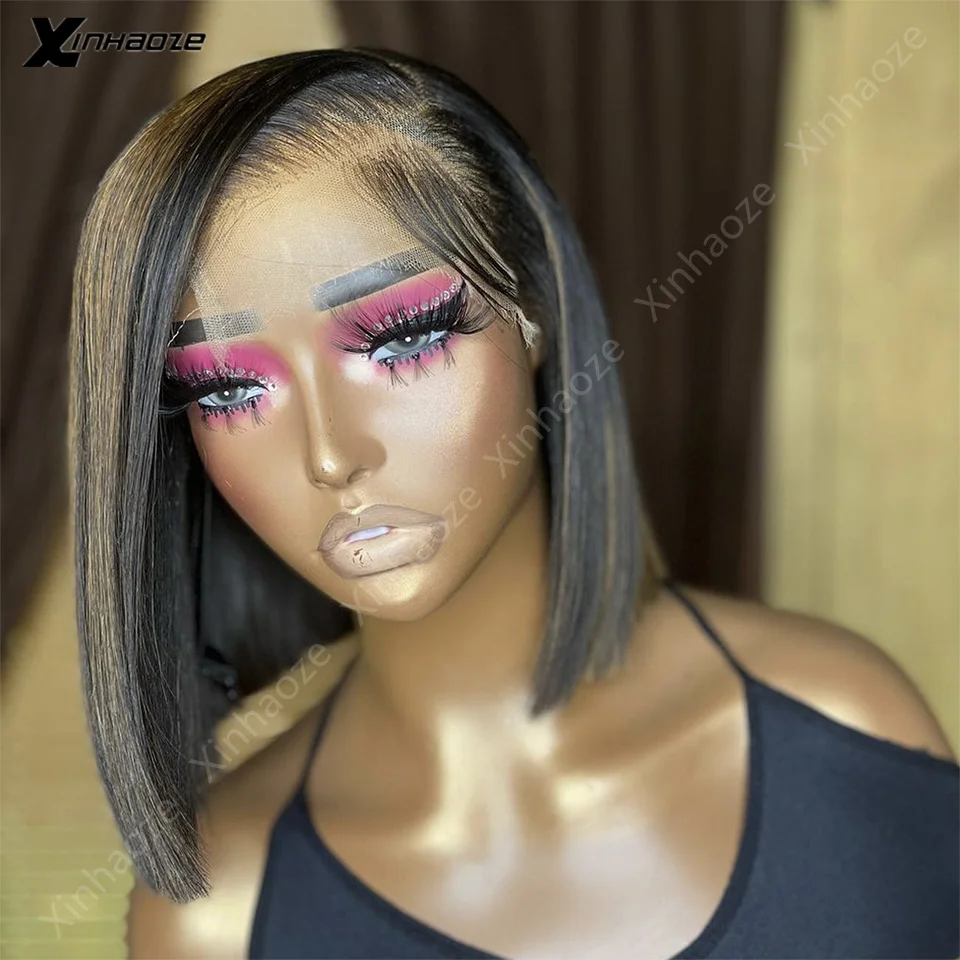 Highlight Brown Ombre Colored Short Bob 13x4 HD Lace Front Human Hair Wigs Straight Remy Hair Lace Frontal Wig Preplucked