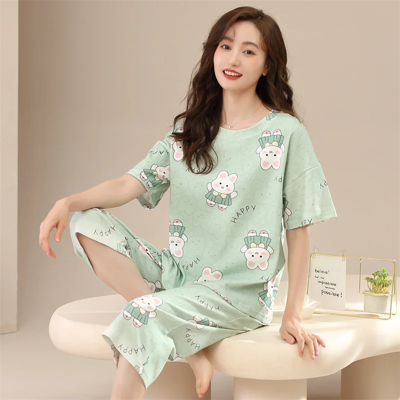 

Calf-Length Pants + short sleeve tops pajamas sets cotton nightwear plus size cartoon pyjamas women summer sleepwear 2pcs/set