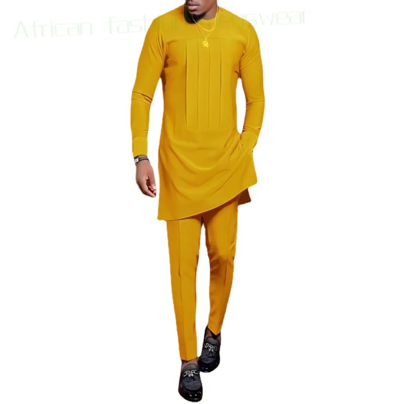 2023 African New Man's Suit Casual Fashion Pleated Ethnic Style Shirt and Pants Slim Fit 2-Piece Set