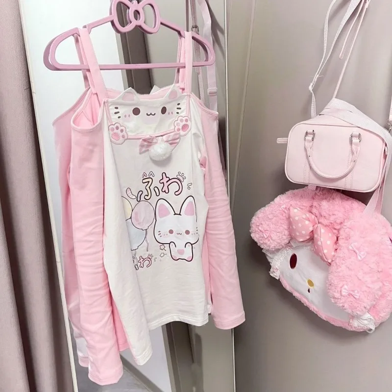 Фото Футболки HOUZHOU Kawaii с розовым принтом, женские, в стиле Cutecore, с открытыми плечами, японская мода, облегающие, с длинным рукавом, милые, эстетичные топы №3