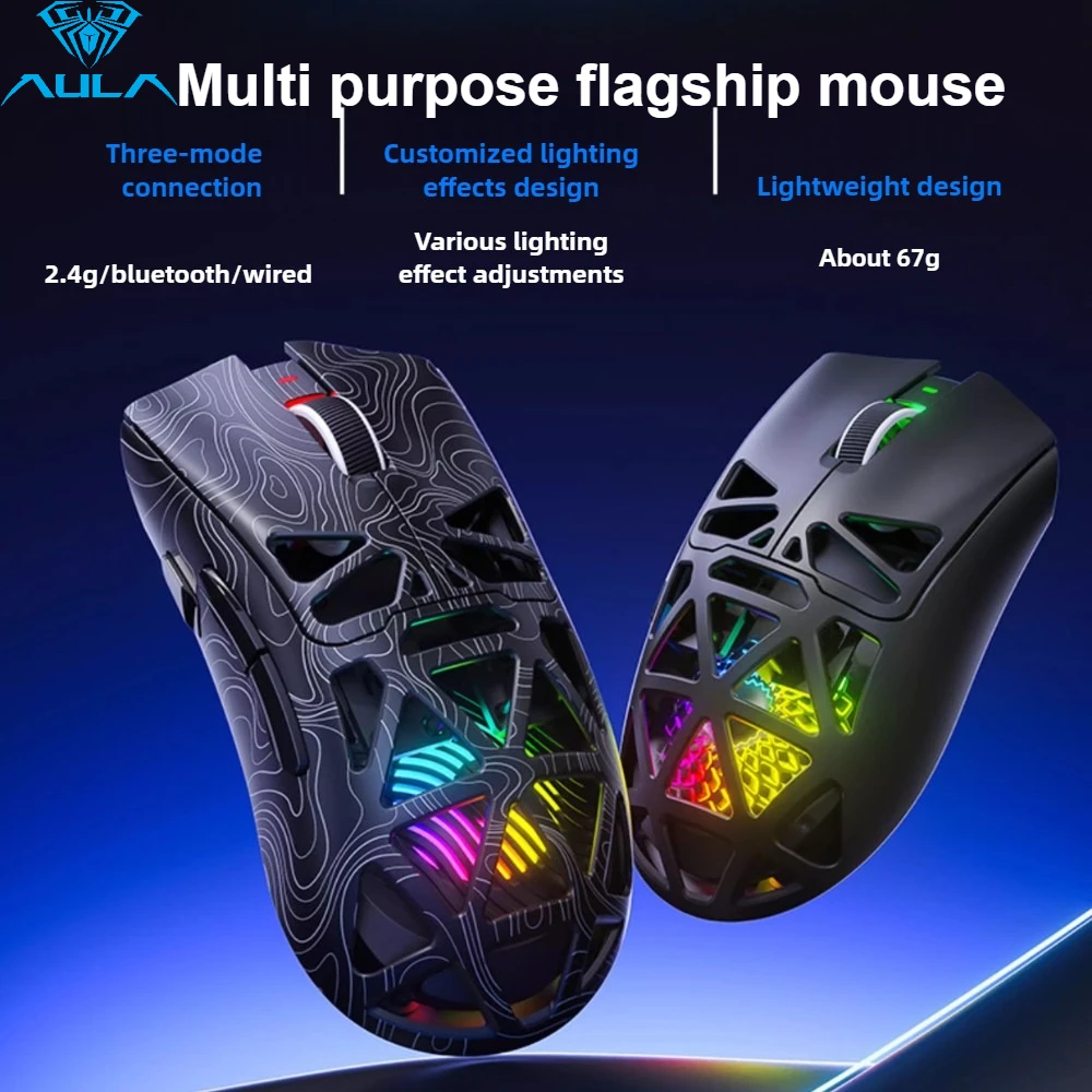 Фото Беспроводная мышь AULA Bluetooth 24G, проводная 3-режимная мышь RGB, полая легкая игровая мышь для киберспорта для настольных компьютеров, ноутбуков №4