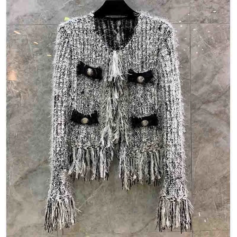 

21Winter Women Luxury Brand Tassel Tweed Jacket Long Sleeve O Neck Single Breasted Outwear High Quality Elegant Office Lady Coat