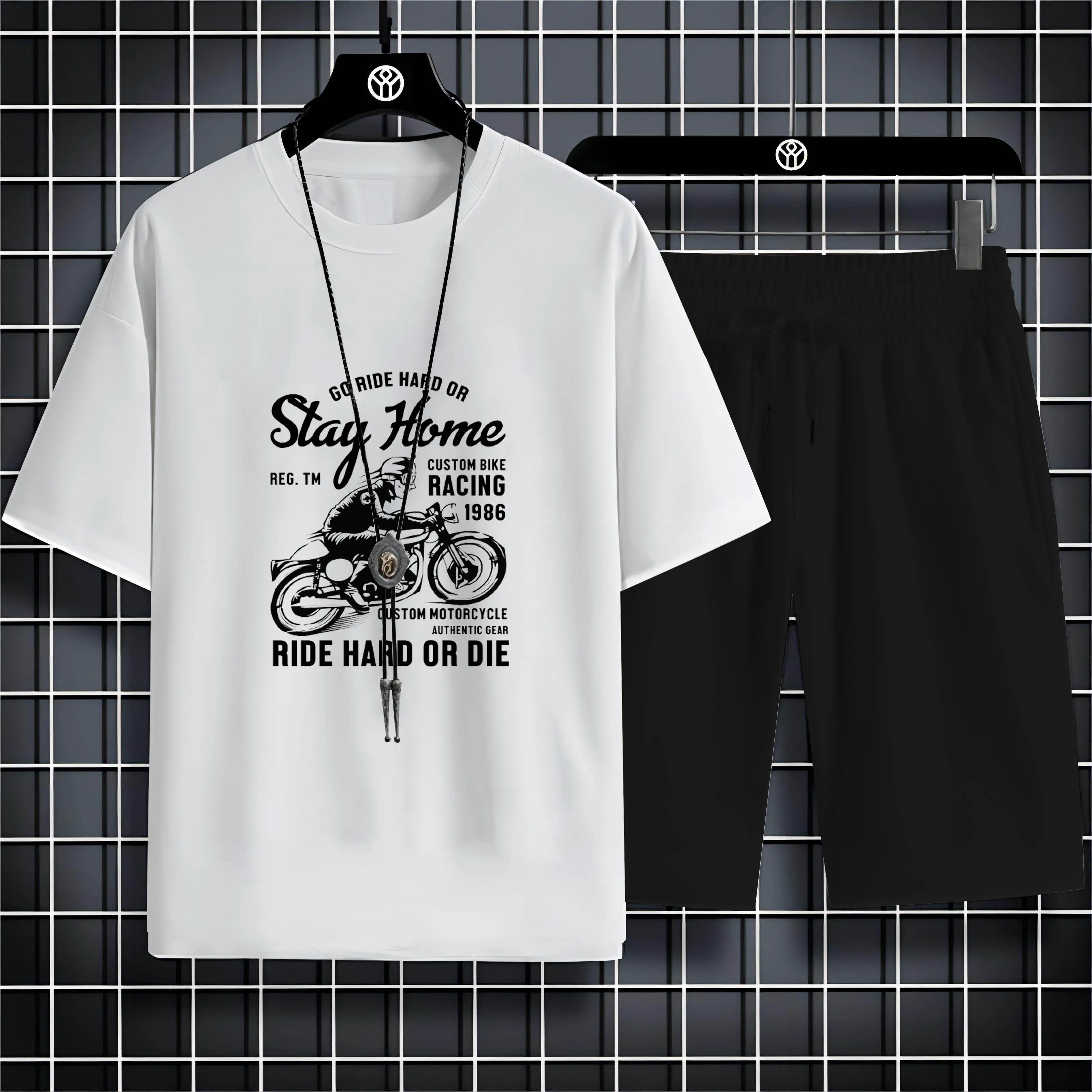 

Summer Men'S Round Neck Fashion Casual Cool 2d Motorcycle Print New Comfortable Breathable Short Sleeve Beach Set T-Shirt