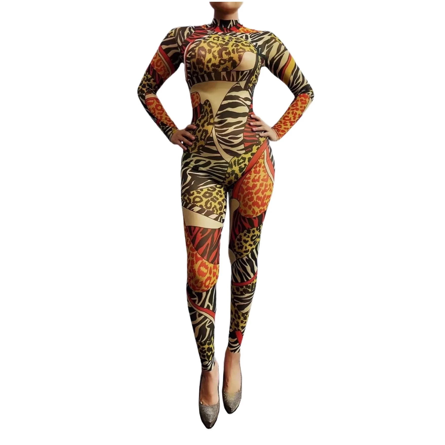 

Leopard Sexy Long Sleeves Jumpsuits For Women Nightclub DJ Clothing Party Carnival Wears Drag Queen Tight Leotard Stage Costume