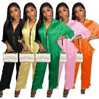 womens shirt pleated two piece set blouse solid color flare wide leg pant office lady elegant green outfit 2022 fall clothing