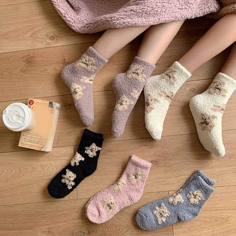 

Women Coral Velvet Winter Fuzzy Slipper Socks Cute Bear Animal Sleep Foot Warmer