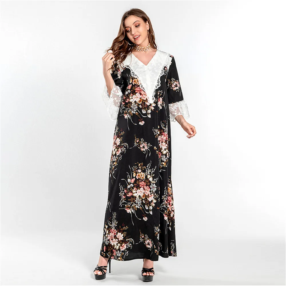 

New Lace Abaya Women Muslim Maxi Dress Floral Print Kaftan Dubai Turkey Caftan Arabic Robe Gown Femme Musulmane Longue Vestidos